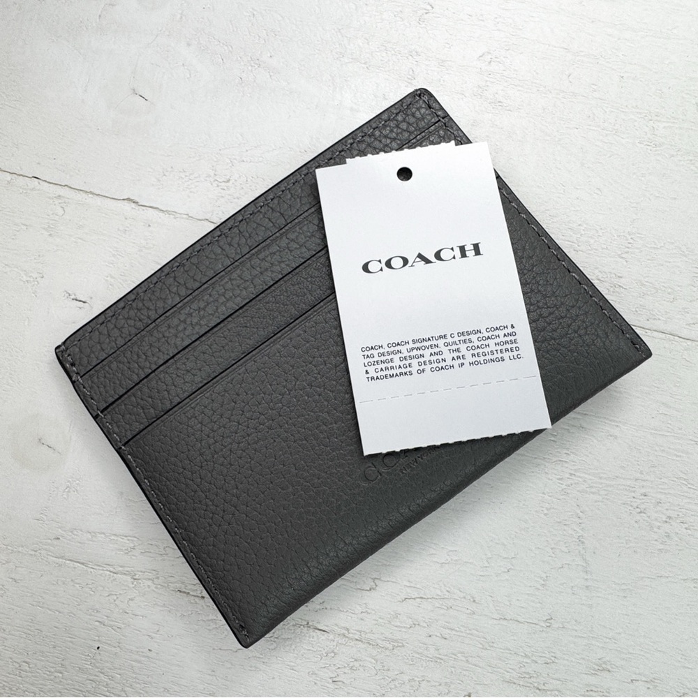 NWOT Coach Gunmetal Metallic Pebbled Leather Card Holder Wallet w/ Signature C - Picture 3 of 4